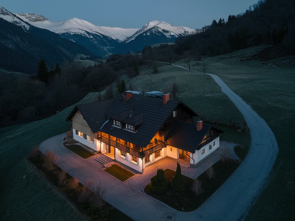 Beleuchtetes Landhaus bei Dämmerung mit Bergpanorama im Hintergrund, festgehalten in einer Drohnen-Nachtaufnahme