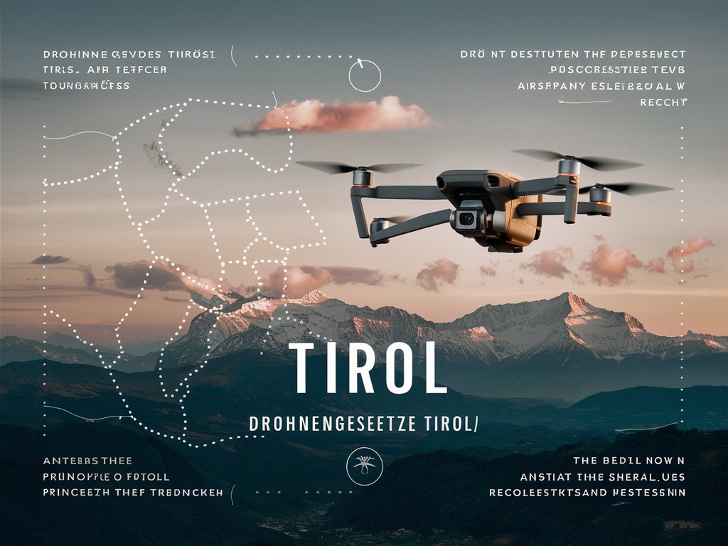 Drohne fliegt über die Tiroler Berglandschaft mit eingeblendeten Flugrouten und Informationen zu Drohnengesetzen