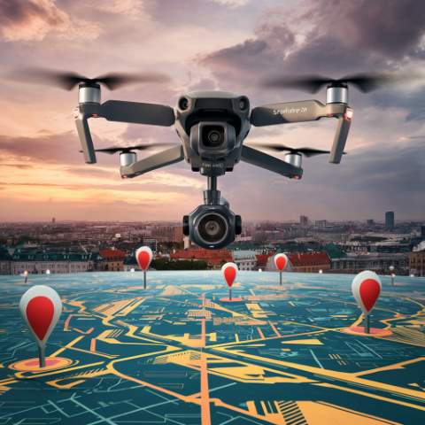Drohne über digitalem Stadtplan mit GEO-Positionierungsmarkern bei Sonnenuntergang