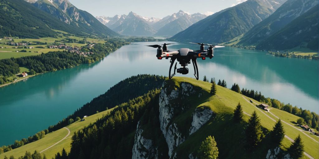 Drone flying over Austrian landscape with mountains and lakes, highlighting the importance of drone liability insurance.