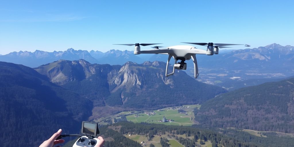 Drohne über österreichischer Landschaft fliegend.